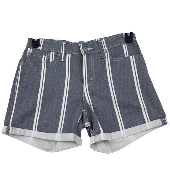 Levi Shorts Womens Size 28 Blue White Stripe Mid Length Pockets Cuffed Stretch - Picture 1 of 10